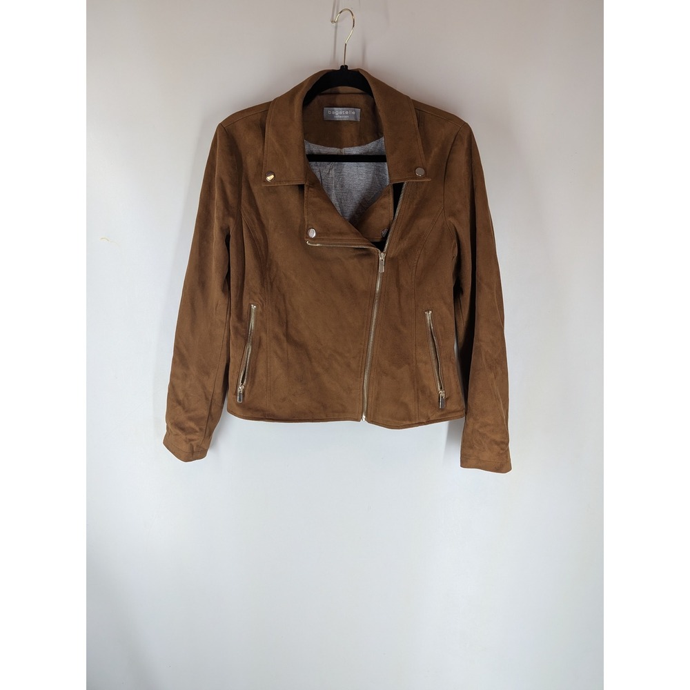 Bagatelle Collection Womens Faux Suede Moto Jacket Cognac Brown Size L